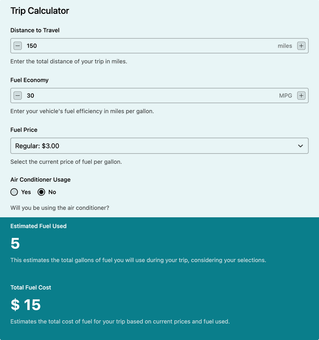 Trip Calculator template - Made by ActiveCalculator