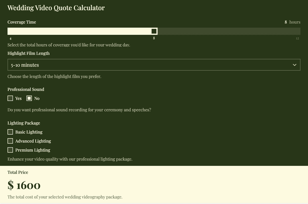 A screenshot of a user-friendly quote calculator on a wedding videographer's website