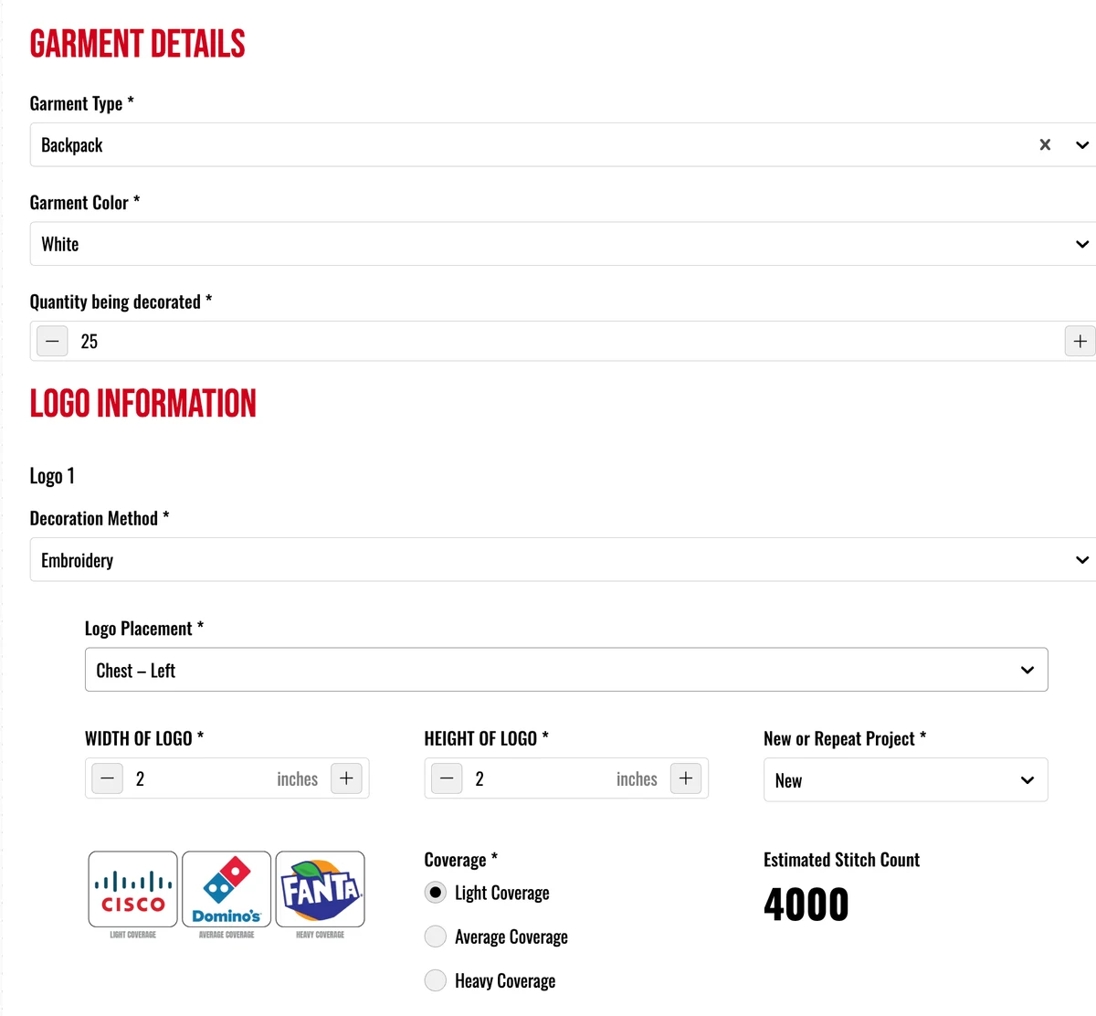 An embroidery quote calculator for 25 backpacks, with logo placement, size, coverage and an estimated stitch count of 4000