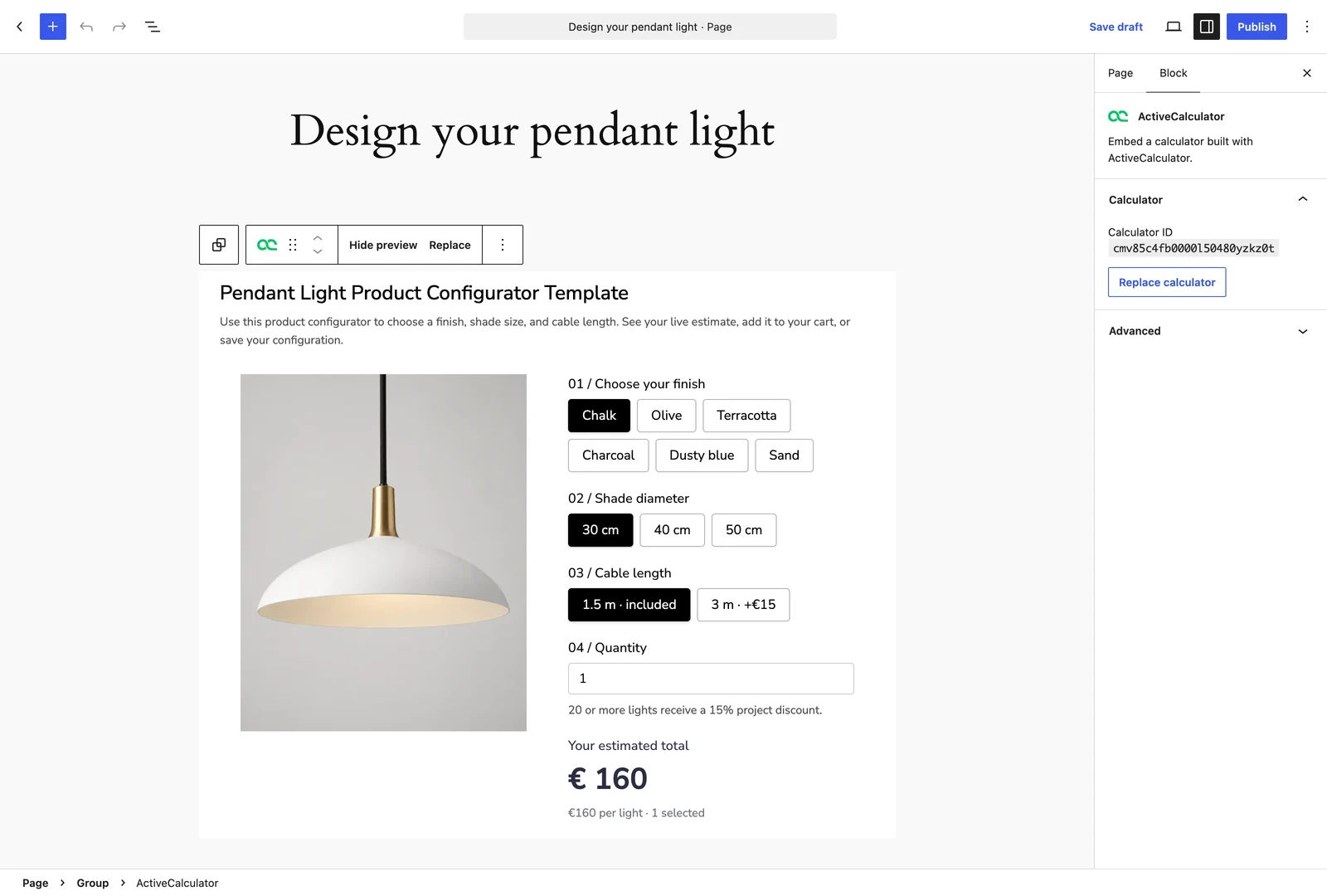 A pendant light configurator built in ActiveCalculator, previewed inside the WordPress block editor with the ActiveCalculator block