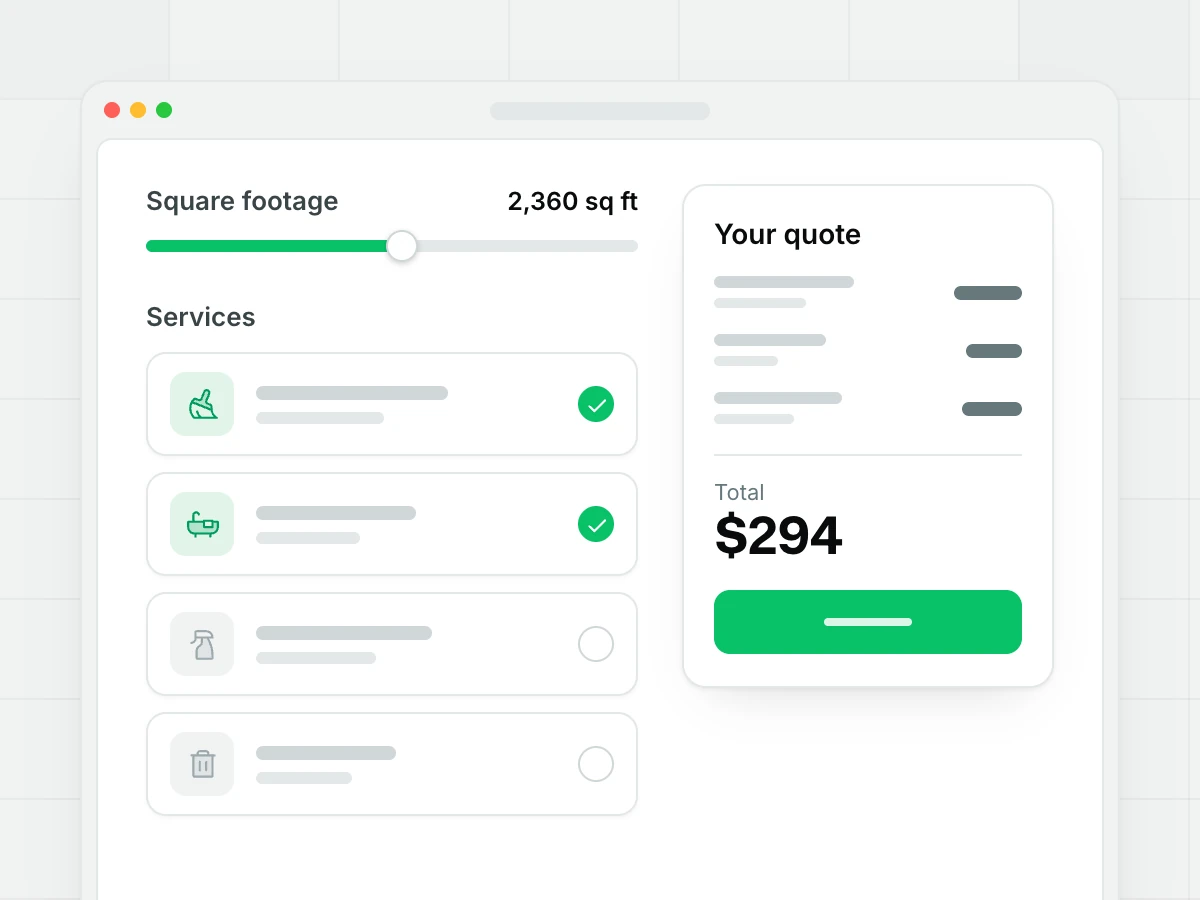 A cleaning quote calculator: a square footage slider, a list of services and a quote card with a $294 total