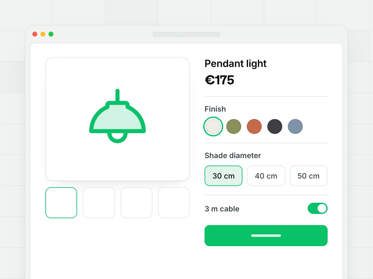 A pendant light configurator with finish swatches, shade diameter options, a 3 m cable toggle and a €175 price