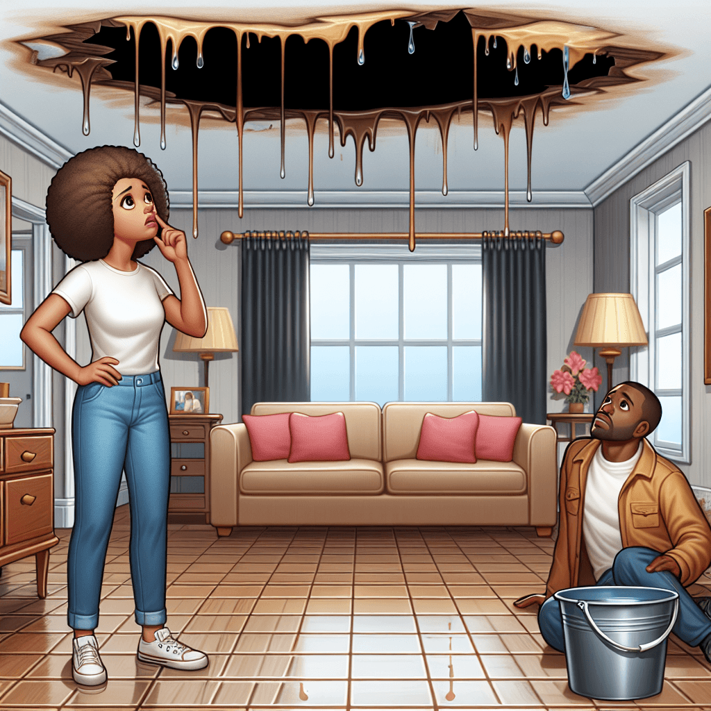 A water-stained ceiling indicating a leaking roof