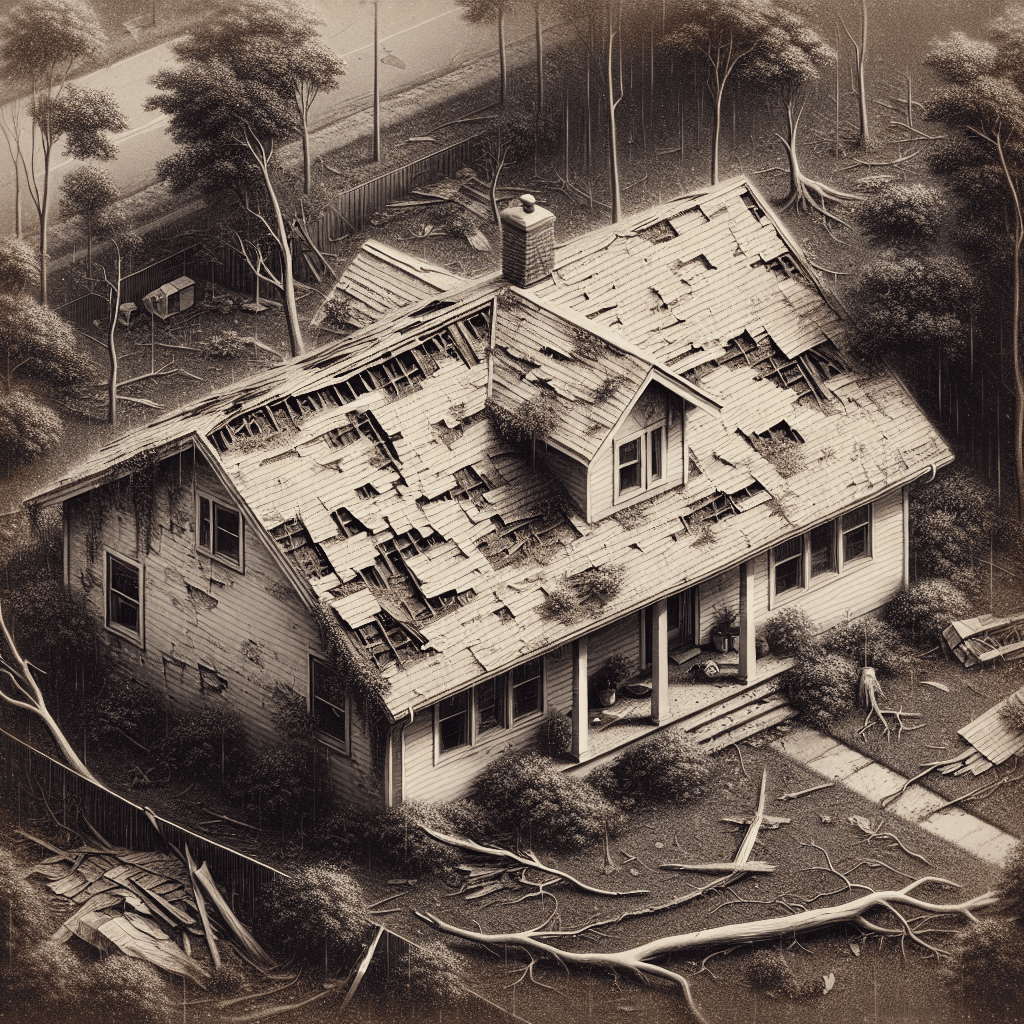 A roof with missing shingles and debris from overhanging tree branches