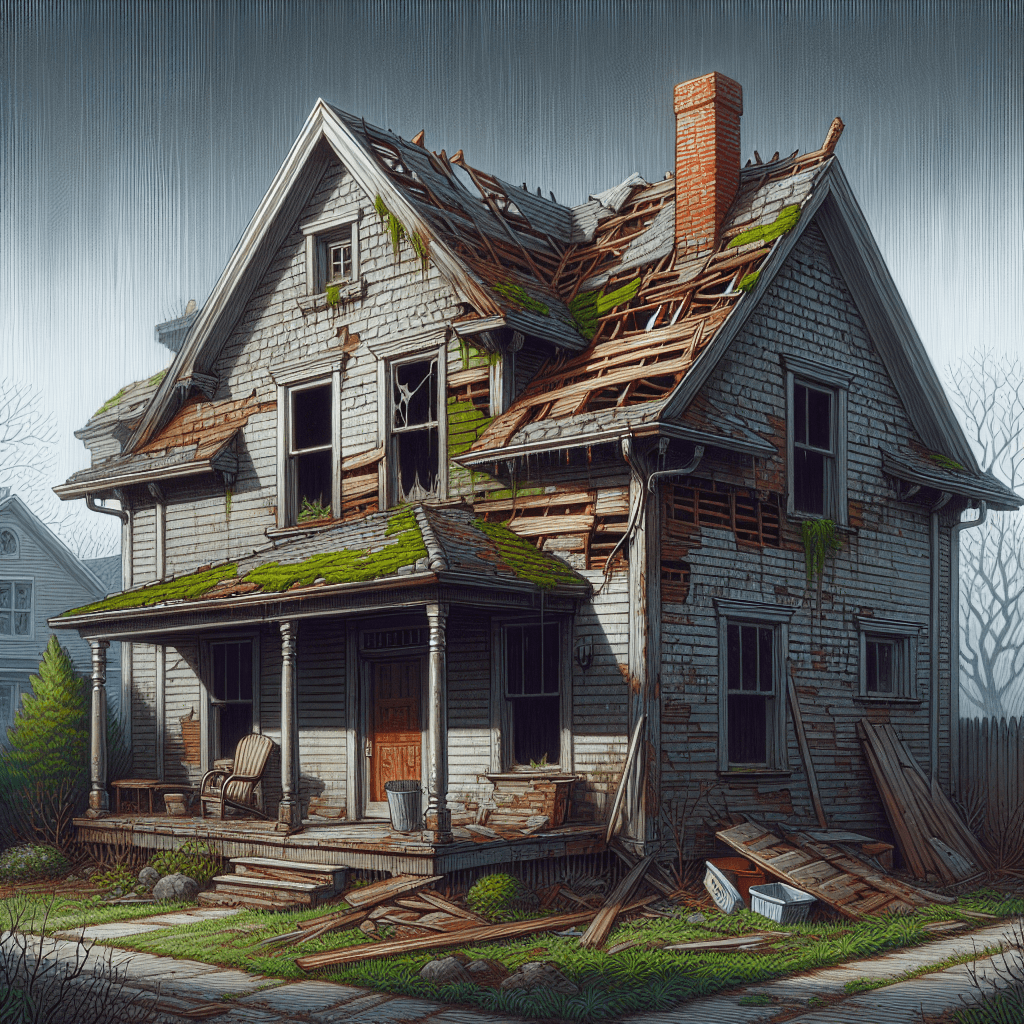 A neglected roof with missing shingles and water damage