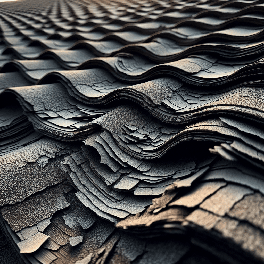 A close-up of curling and cracked asphalt shingles on a roof