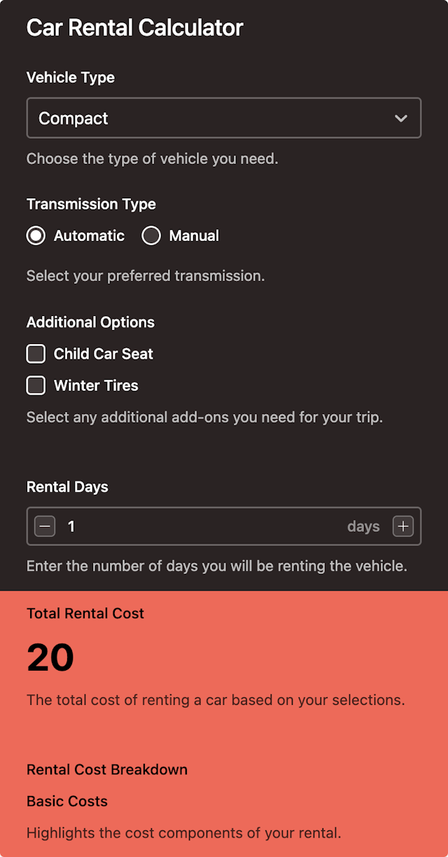 Car Rental Calculator template - Made by ActiveCalculator