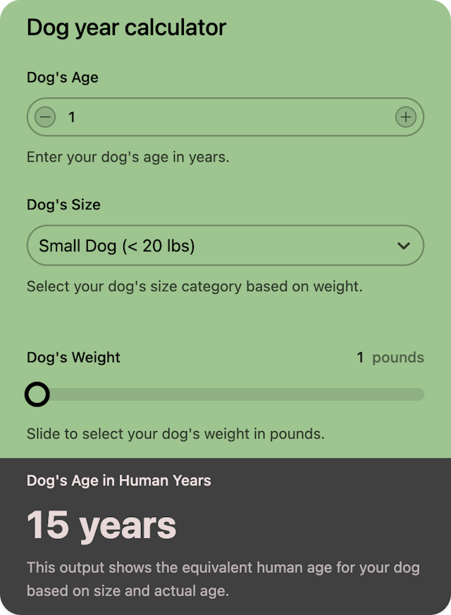 Dog year calculator template - Made by ActiveCalculator