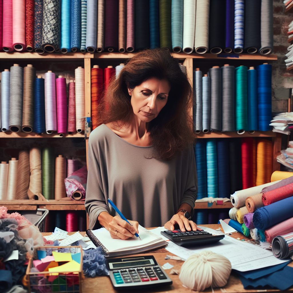 A frustrated fabric store owner struggling with manual fabric cost calculations