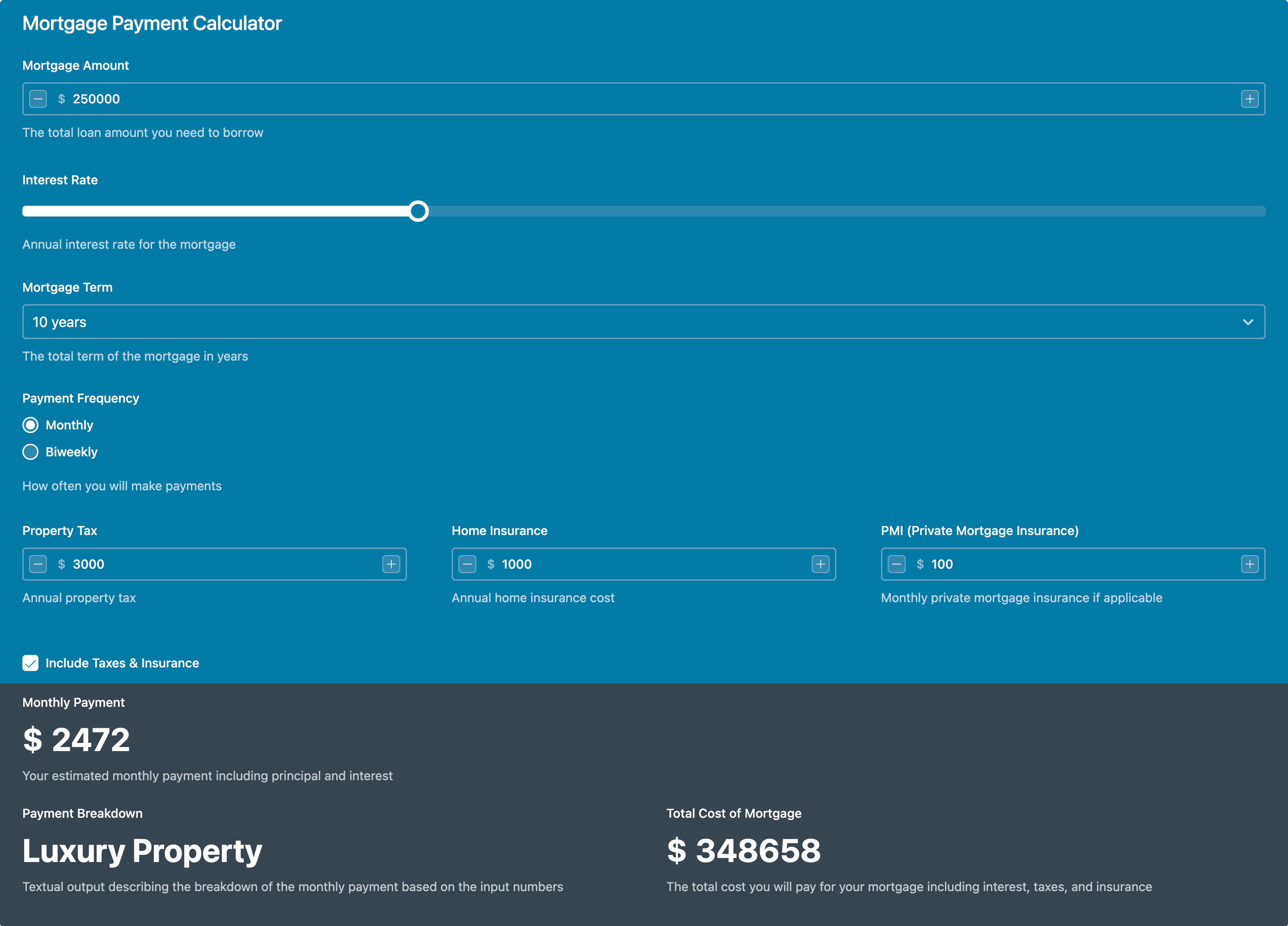 Mortgage Payment Calculator template - Made by ActiveCalculator