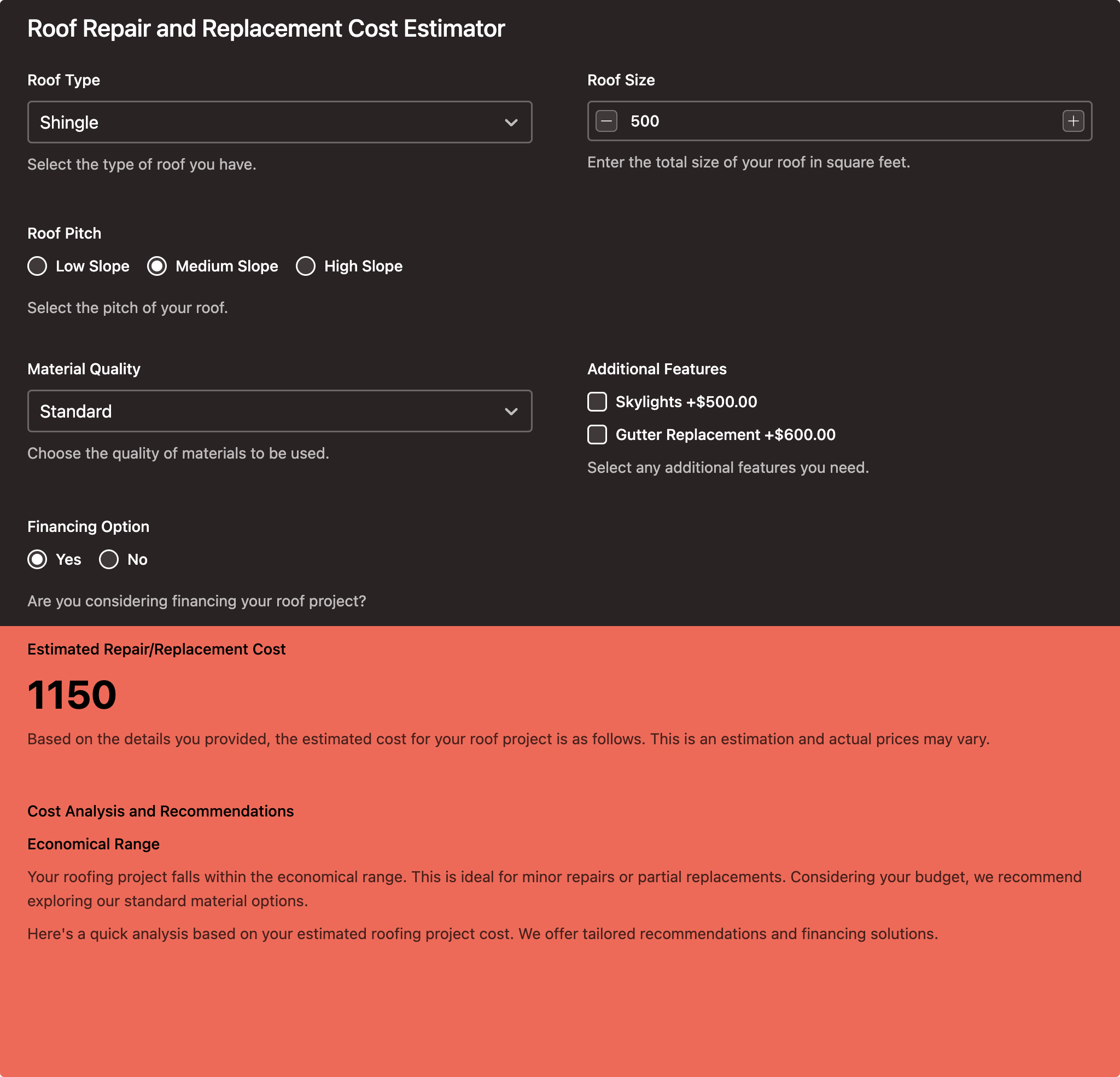 Roof Repair and Replacement Cost Estimator template - Made by ActiveCalculator