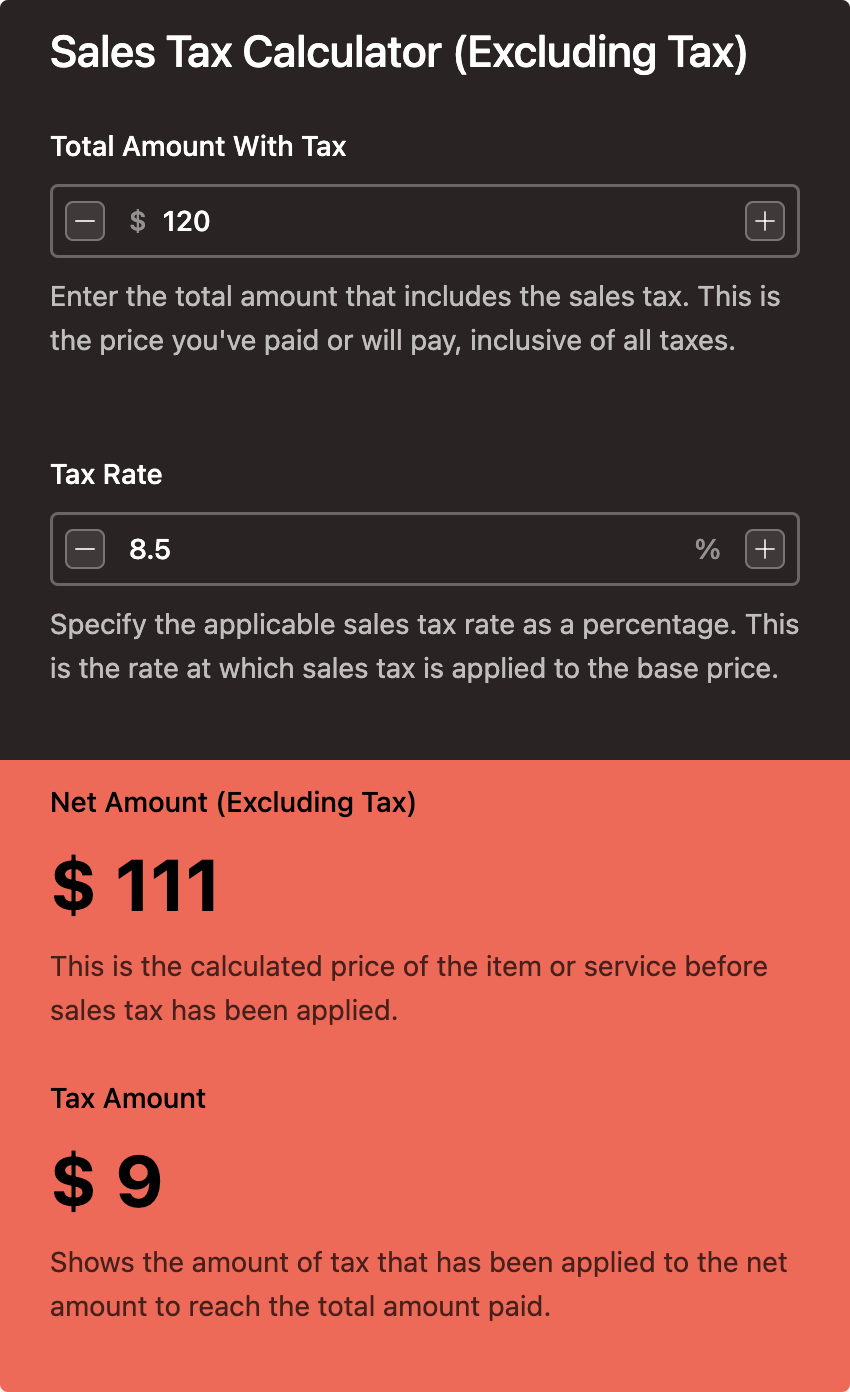 Sales Tax Calculator (Excluding Tax) template - Made by ActiveCalculator
