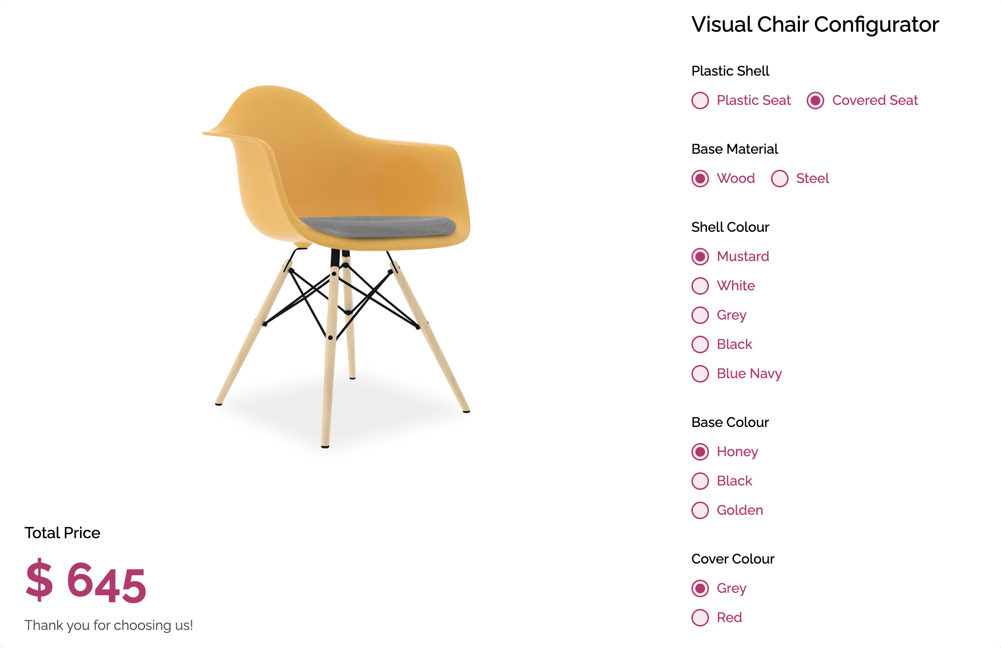 Visual Chair Configurator template - Made by ActiveCalculator